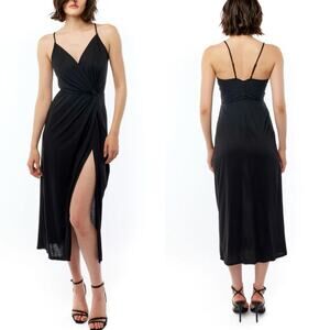 LBLC The‎ Label Revolve Kelcie Midi Gathered Twist Front Dress Slit Black NWT S